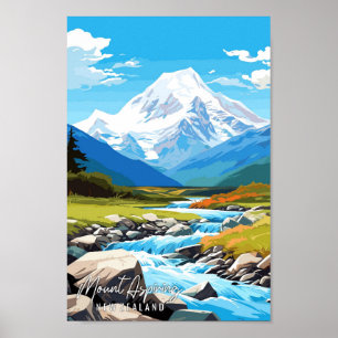 Poster Viagens vintage do Monte Aspirando Nova Zelândia