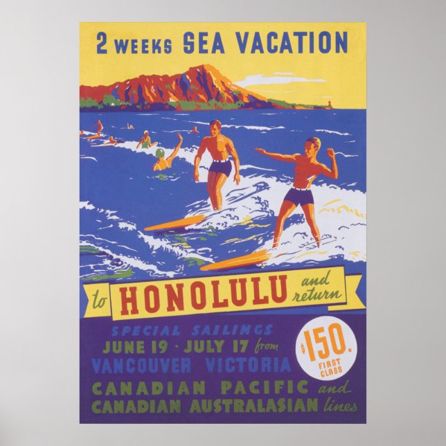 Poster Viagens vintage Honolulu Hawaii (Frente)