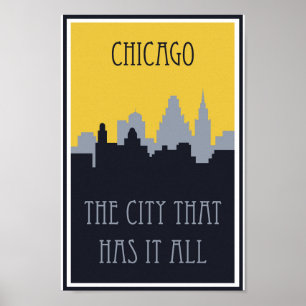 Poster Viagens vintage Skyline da cidade de Chicago Illin