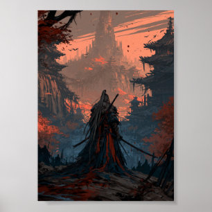 Poster Viajante Samurai de Fantasia Sombria Enfrentando u