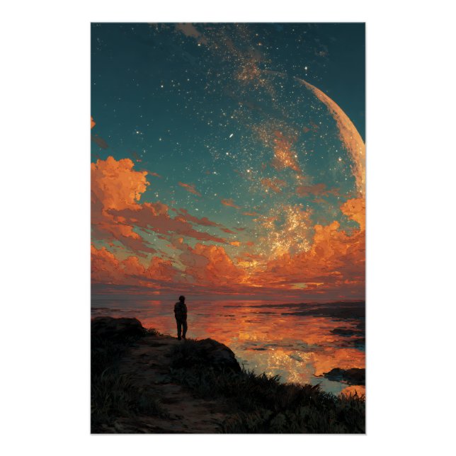 Pôster Viajante Sob Gigante Lua Crescente (Frente)