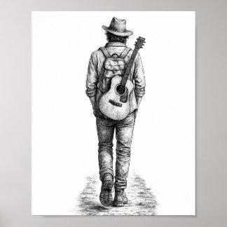 Poster Viajante Solitário com Guitarra Arte de Parede em