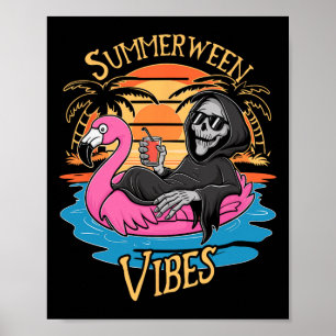 Poster Vibes Skeleton Flamingo Spooky Verão de Halloween