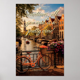 Poster Vibrações de Amsterdã Canal Bicicleta Tulipas Arte