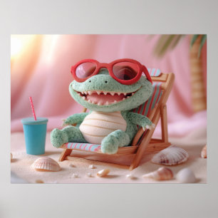 Poster Vibrações de Verão: Crocodilo Fofo Relaxando nas F