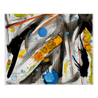 Pôster Vibrant Abstract Brushstrokes – Blue Orange Yellow