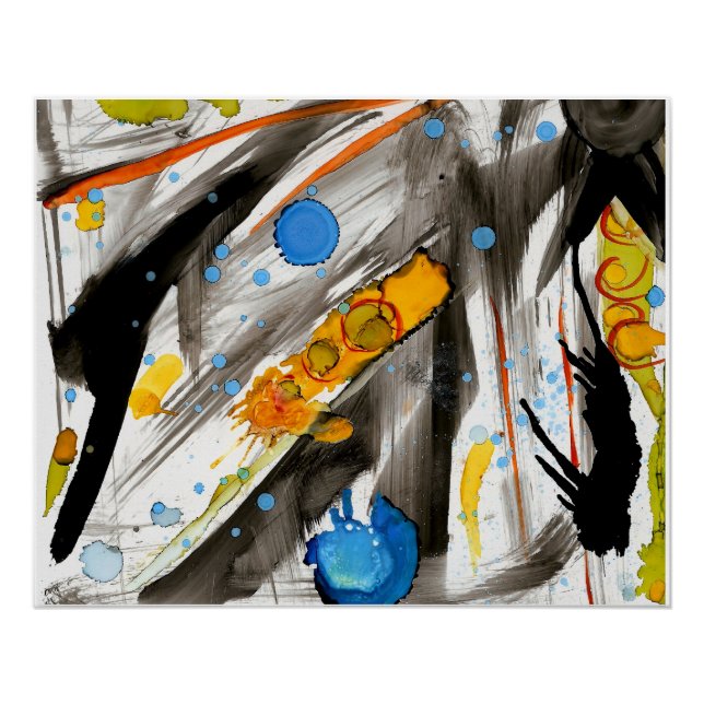 Pôster Vibrant Abstract Brushstrokes – Blue Orange Yellow (Frente)