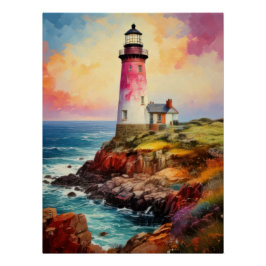 Pôster Vibrant Breton Coast Lighthouse - Impressionistic 