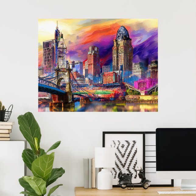 Poster Vibrant Cincinnati Ohio Abstrato Skyline Art (Escritório em casa)