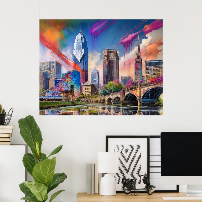 Poster Vibrant Cleveland Ohio Skyline Abstrato Art (Escritório em casa)
