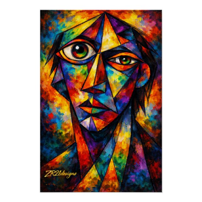 Pôster Vibrant Cubist Face Abstract Modern Art Poster (Frente)
