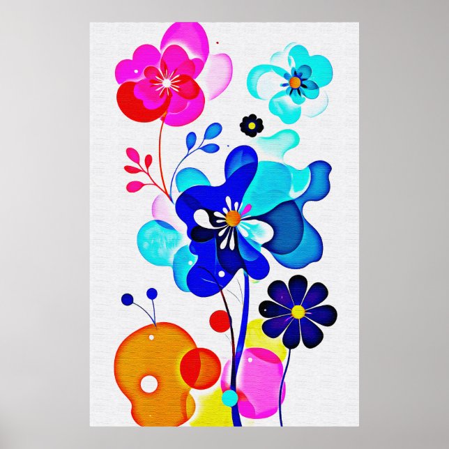 Poster Vibrant Cyan Magenta Abstract Fluid Flowers (Frente)