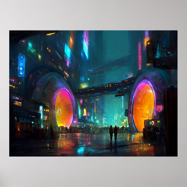 Poster Vibrant Cyberpunk Cityscape with Arches (Frente)