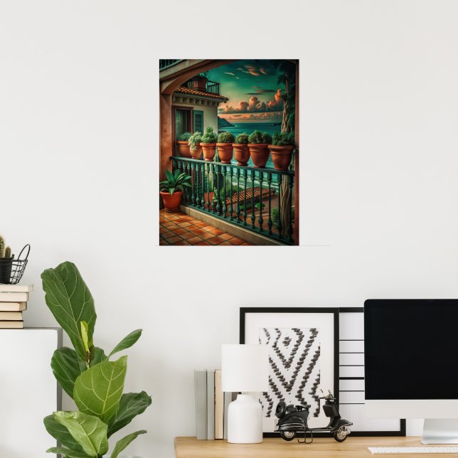 Poster Vibrant Mediterranean Balcony Sea View Art (Escritório em casa)