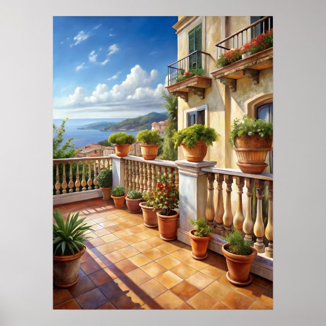 Poster Vibrant Mediterranean Balcony Sea View Art (Frente)