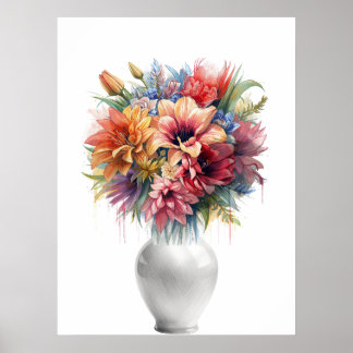 Poster Vibrant Mixed Media Lily Bouquet in Vase Art Poste