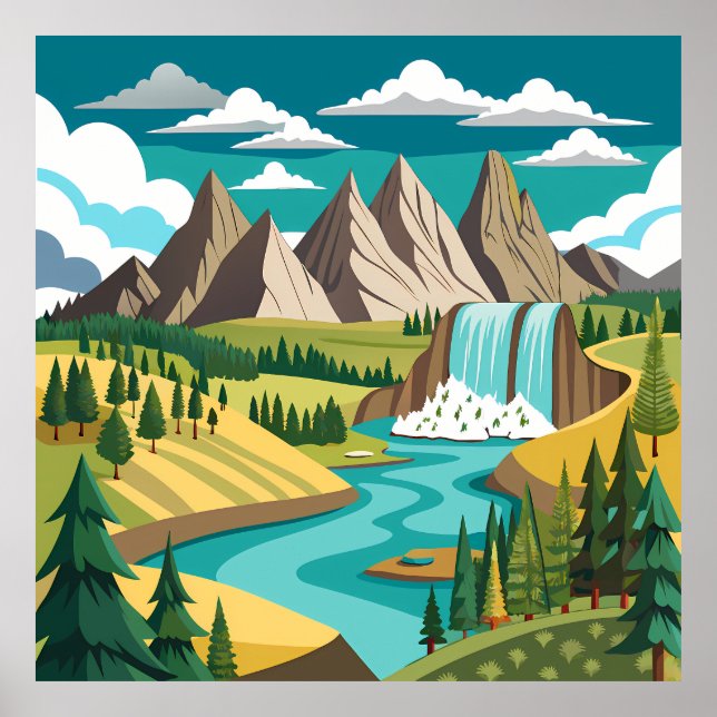 Poster Vibrant Mountain Landscape with Waterfall and Rive (Frente)