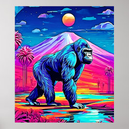 Poster Vibrant Neon Gorilla em uma cena da selva surreal