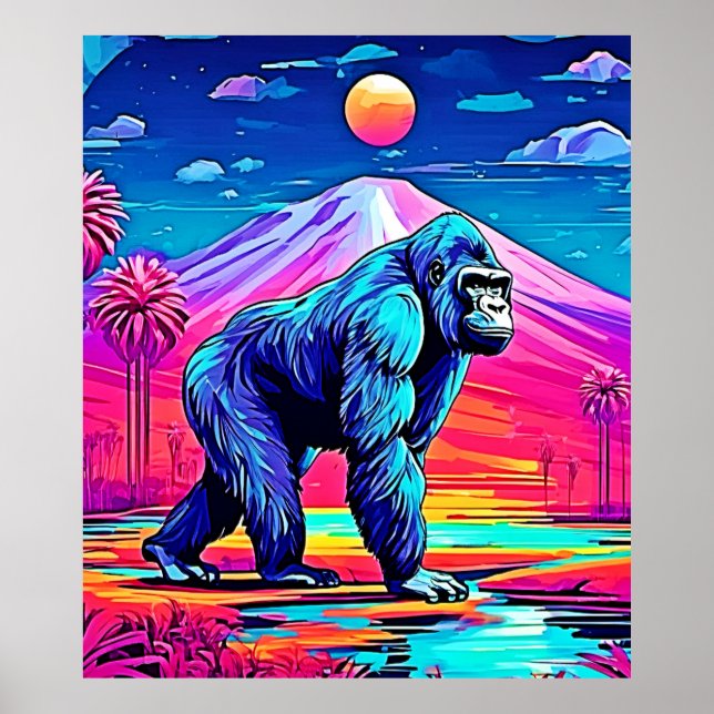 Poster Vibrant Neon Gorilla em uma cena da selva surreal (Frente)