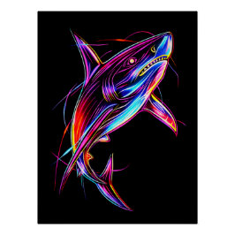 Pôster Vibrant Neon Shark Modern Digital Ocean
