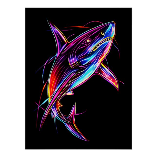 Pôster Vibrant Neon Shark Modern Digital Ocean (Frente)