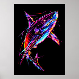 Poster Vibrant Neon Shark Modern Digital Ocean
