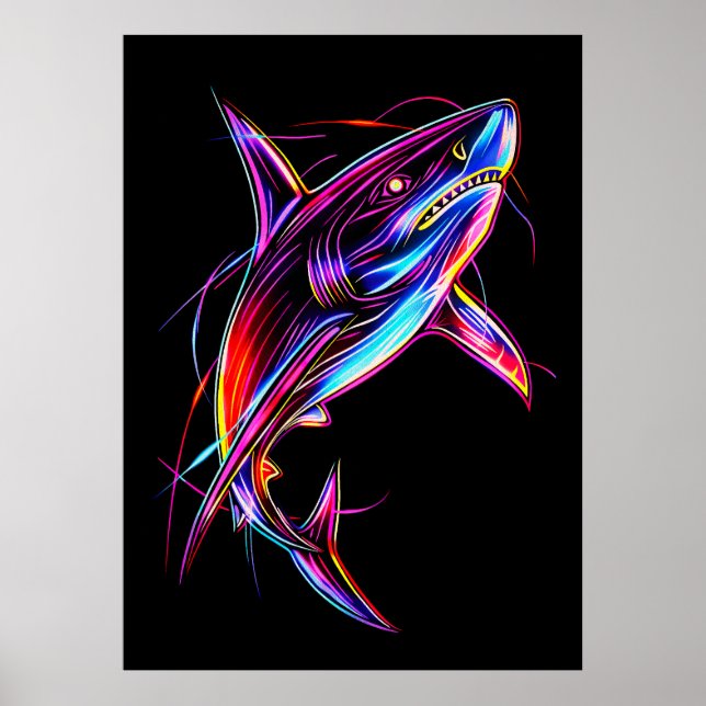 Poster Vibrant Neon Shark Modern Digital Ocean (Frente)