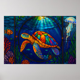 Poster Vibrant Stained Glass Sea Turtle Ocean Design