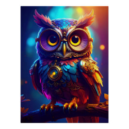 Pôster Vibrant Steampunk Owl with Goggles and Intricate