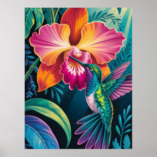 Poster Vibrant Tropical Hummingbird and Orchid