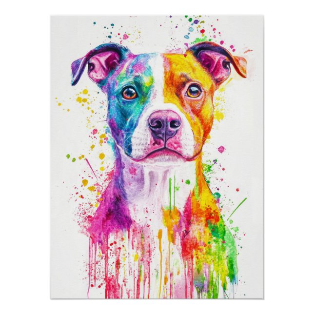 Pôster Vibrant Watercolor Pitbull | Artistic Canine Portr (Frente)