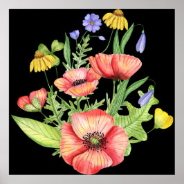 Poster "Vibrante Aquarela Flores Selvagens na Canvas Negr