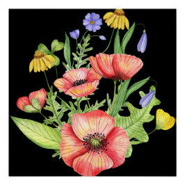 Pôster "Vibrante Aquarela Flores Selvagens na Canvas Negr