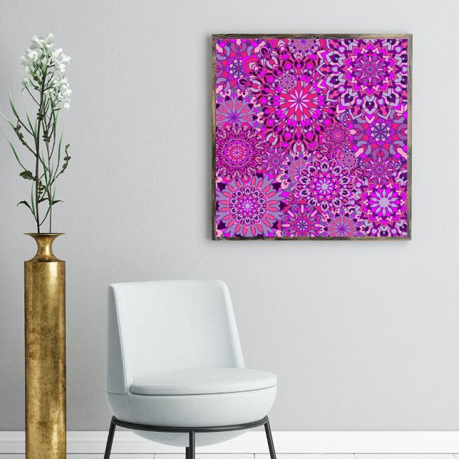 Poster Vibrante Boho Chic Pink Floral Purple Mandalas (Criador carregado)