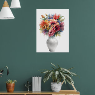 Poster Vibrante Buquê de Lírios em Vaso de Arte com Mídia