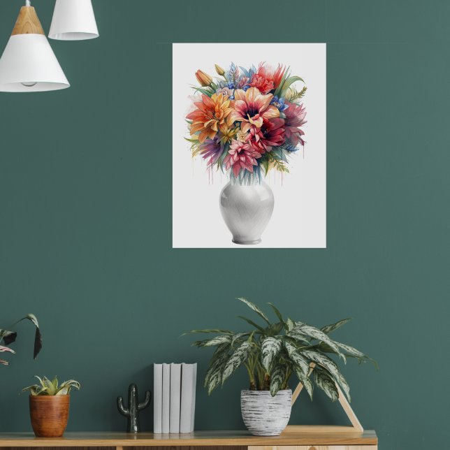 Poster Vibrante Buquê de Lírios em Vaso de Arte com Mídia (Sala de Estar 1)