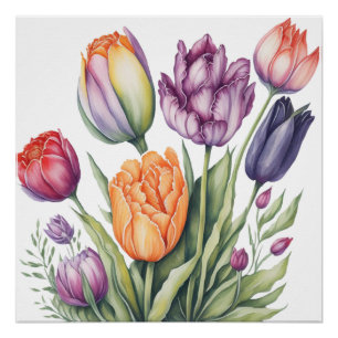 Pôster Vibrante Buquê de Tulipas em Aquarela