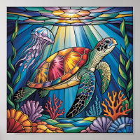 Vibrante Design de Tartaruga Marinha em Vidro Colo