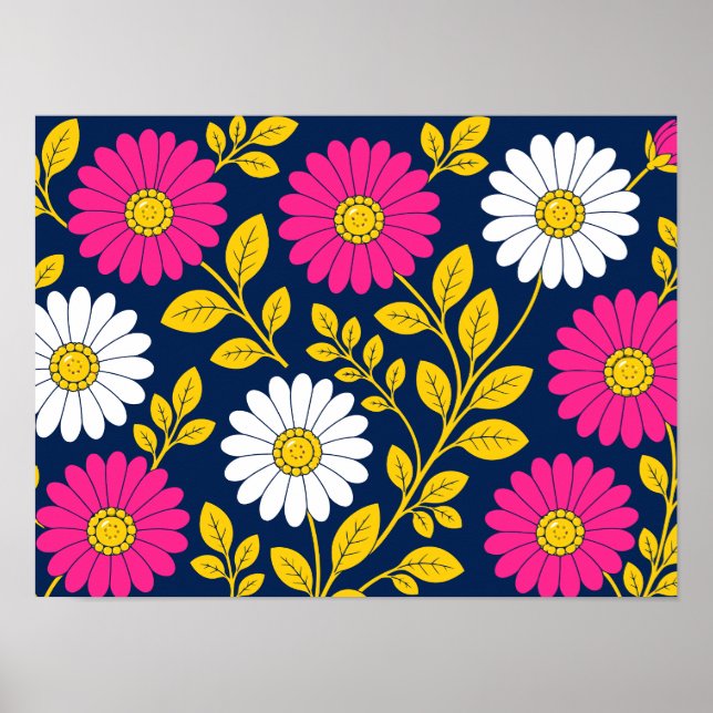 Poster Vibrante Floral com Margaridas e Folhas Douradas (Frente)