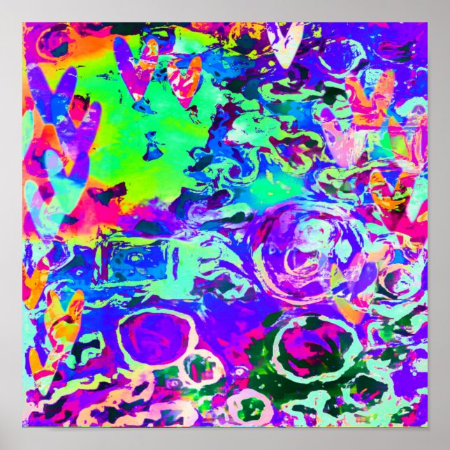 Poster Vibrante Neon Purple Hearts Abstrato (Frente)