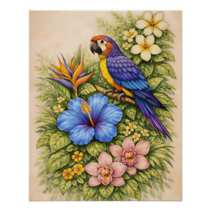 Pôster Vibrante Papagaio Tropical Botânico Floral 