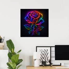 Poster Vibrante Rosa de Arco-Íris Neon em Flor com Brilho
