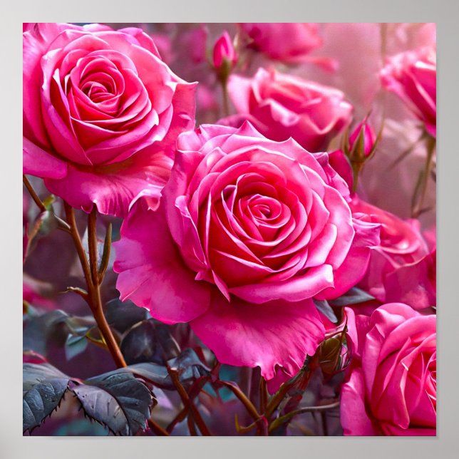Poster 🌹 Vibrantes Rosas Cor-de-Rosa Elegante Buquê Flor (Frente)