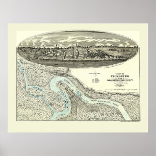 Poster Vicksburg, mapa panorâmico do MS - 1863