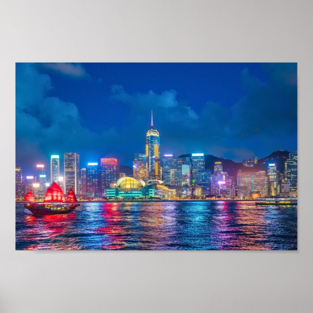 Poster Victoria Harbor e Hong Kong Skyline à noite (Frente)