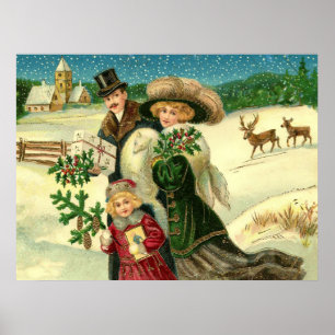 Poster Victorian family in the snow Christmas scene