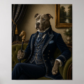 Poster Victorian Pit Bull Gentleman Portrait Print, Blue
