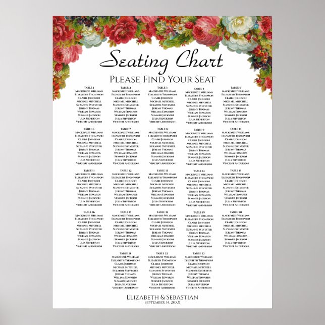Poster Victorian Roses 23 Table Wedding Seating Chart (Frente)