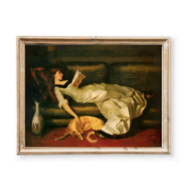 Poster Victorian Woman Reading With Dog, Neutral Tones