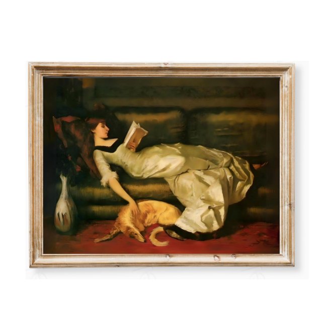 Poster Victorian Woman Reading With Dog, Neutral Tones (Criador carregado)